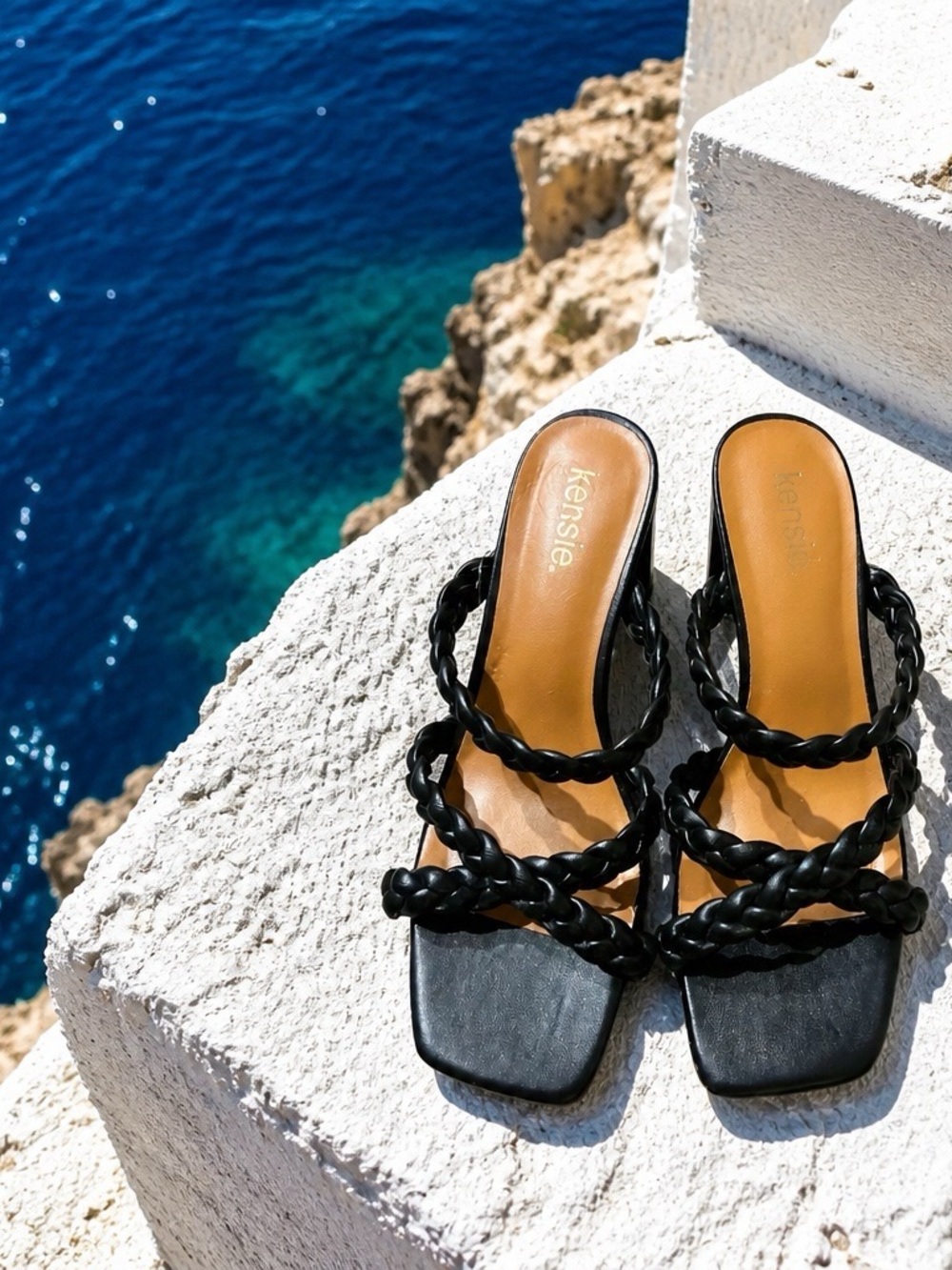 Kensie Black Braided-Strap Slide Sandals with Tan Insole - 10